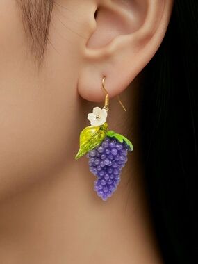 Purple Grape Flower Dangle Earrings Fruitcore Resin Gold Drop Boho Cottage Chic